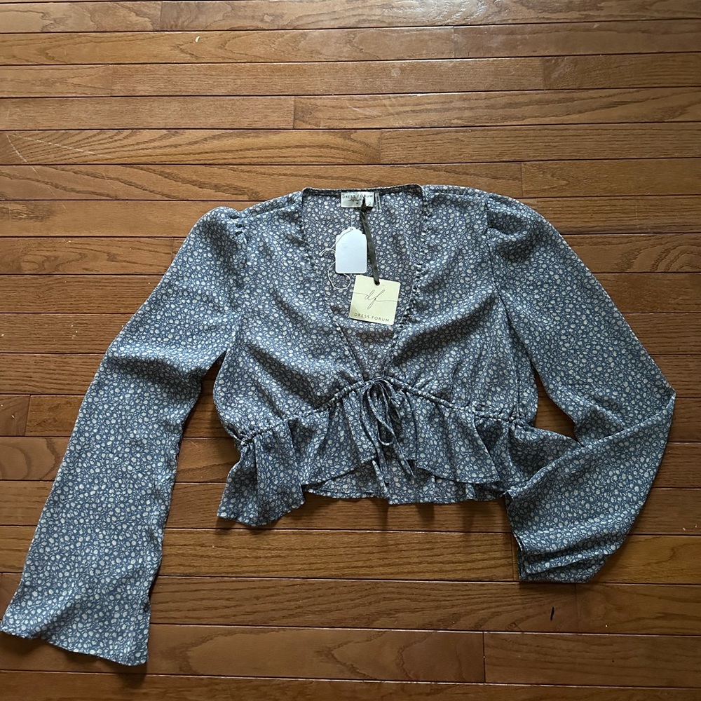 Bell sleeve blue and white sheer top
